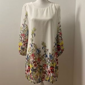 White Floral Print Long Sleeve Dress-XS